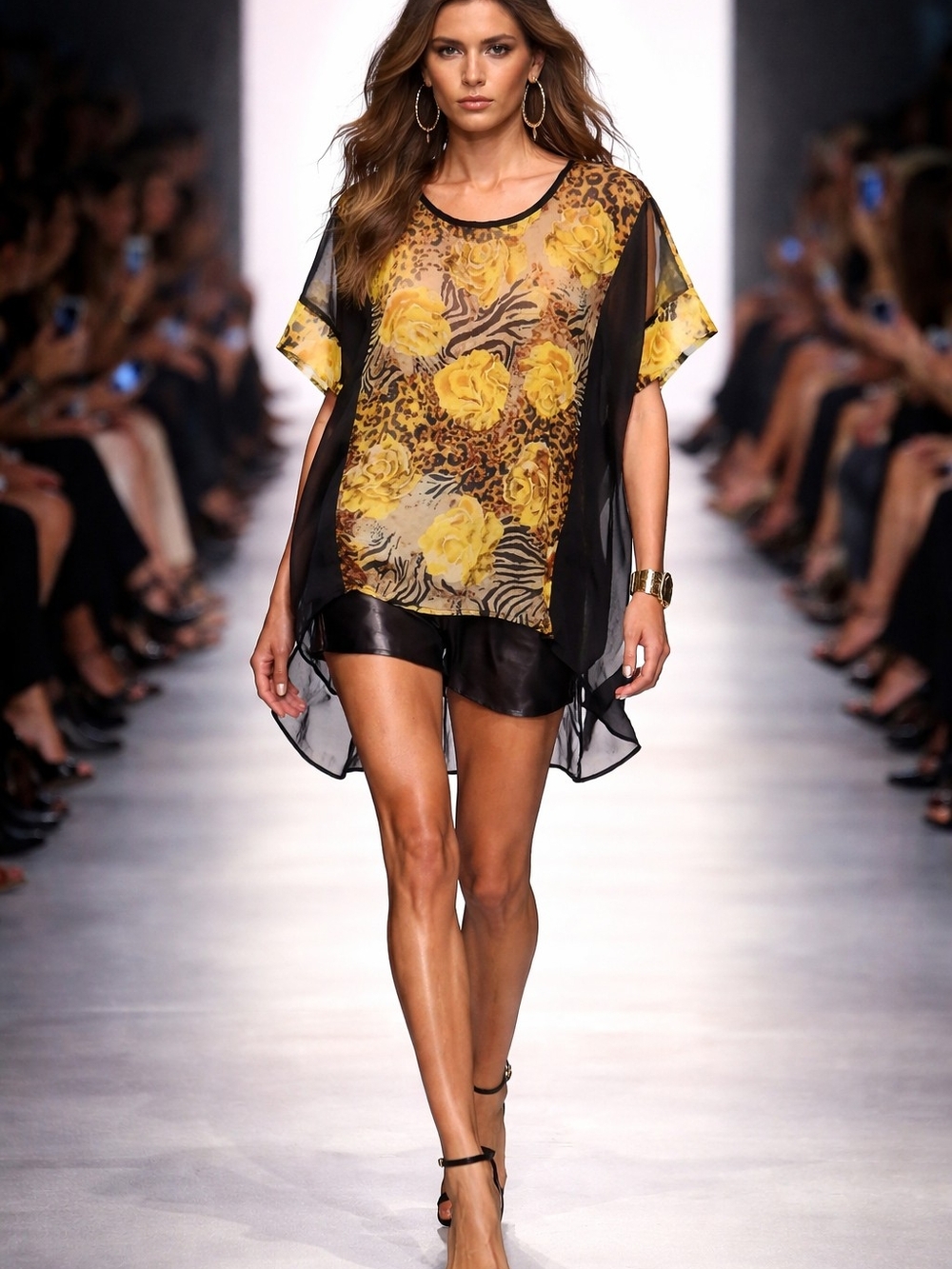 Sheer Floral Animal-Print Blouse in Yellow and Black